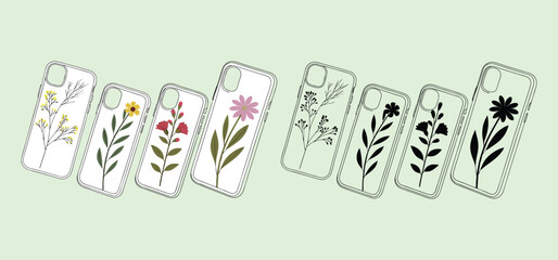 Collection of floral phone case designs featuring various colorful and black and white botanical illustrations