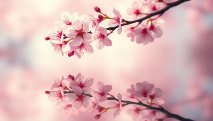 Blossoming cherry tree branches with delicate pink flowers against a soft, blurred background.