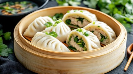Golden-bottomed dumplings with savory pork inside, paired with soy dipping sauce and fresh greens.