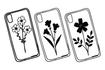Three minimalist phone cases featuring various black and white floral designs for aesthetic appeal and modernity