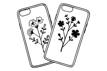 Two stylized floral phone cases design in monochrome with delicate botanical illustration and a minimalist outline