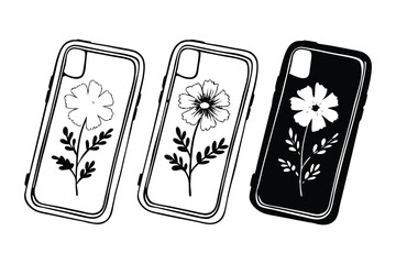 Three stylized phone cases showcase floral designs in a simple black and white line art illustration.