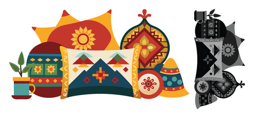 Collection of colorful decorative pillows and a small potted plant in a flat design style illustration