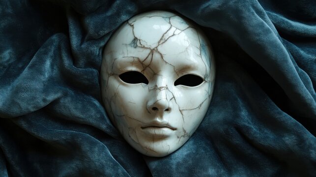 Cracked porcelain mask lying on dark velvet fabric, symbolizing fragility, concealment, and hidden emotions in a conceptual still life.