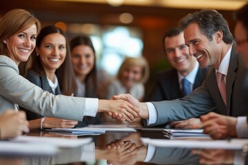 Fototapeta premium Group of businesspeople shaking hands during a meeting, finalizing a business deal or partnership., Generative AI