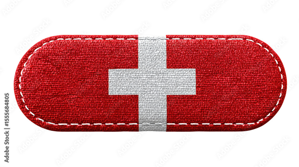 Poster red fabric patch with white cross isolated on transparent background with stitched border