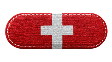 Red fabric patch with white cross isolated on transparent background with stitched border