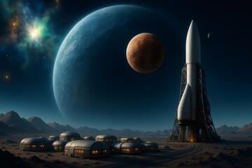 Space rocket launching from a human colony on an alien planet