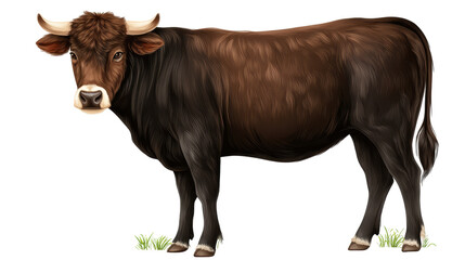 Brown cow isolated on transparent background with grass underfoot standing calmly