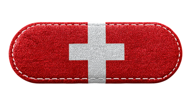 Red fabric patch with white cross isolated on transparent background with stitched border