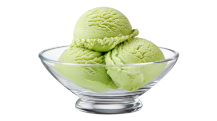 Green ice cream scoops isolated on transparent background in glass bowl with refreshing look