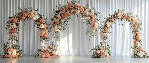Elegant wedding floral arches with pink and white flowers arranged against a white draped backdrop, perfect for ceremonies or special events.