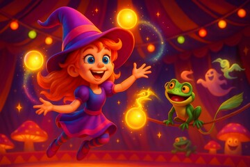 Fototapeta premium Little witch juggling magic balls with her frog assistant in circus tent