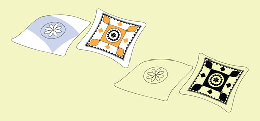 Stylized decorative cushions arranged on a neutral background featuring intricate floral and geometric patterns in vector illustration.