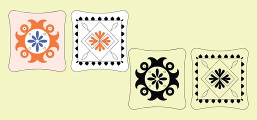 Decorative floral ornament tiles in multiple color schemes with symmetrical design and repeating patterns
