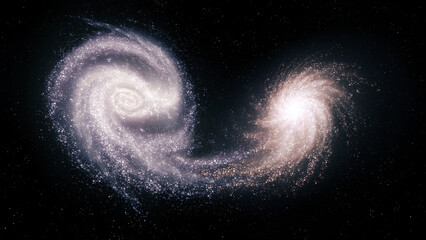 Merging of two spiral galaxies in space. Collision of star systems. Interaction between galaxies.