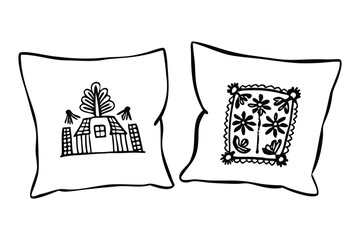 Two decorative pillows with hand drawn illustrations of a house and floral patterns in a simplistic black and white style