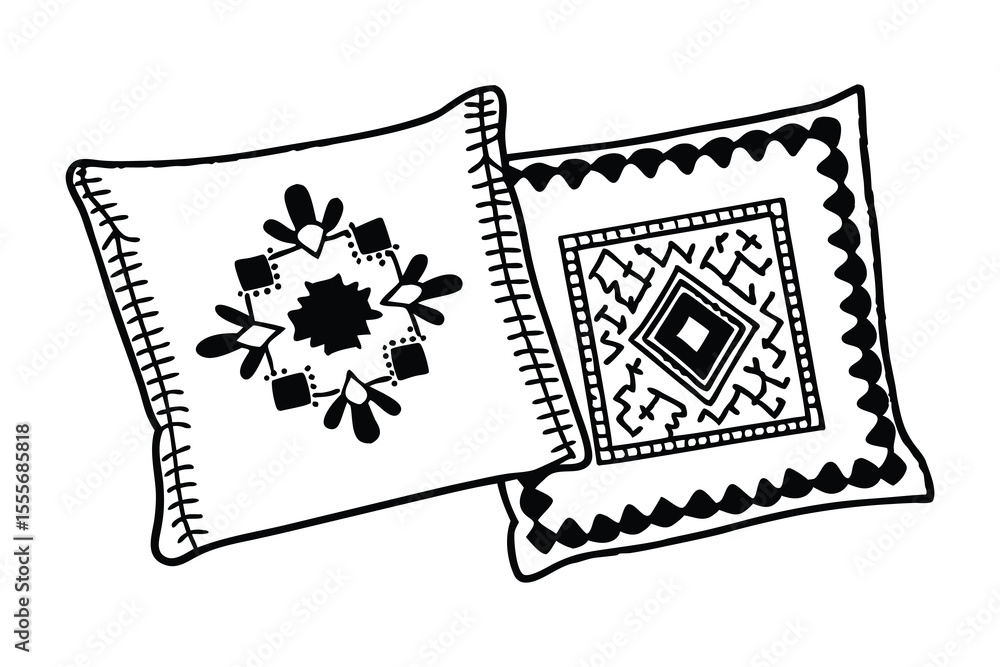 Poster two decorative pillows in monochrome style showing intricate patterns and stitched edges ideal for h