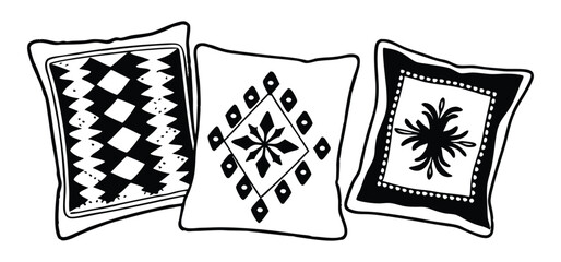 Black and white pillows featuring distinct decorative designs in a hand-drawn vector illustration