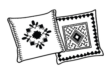 Two decorative pillows in monochrome style showing intricate patterns and stitched edges ideal for home decor designs
