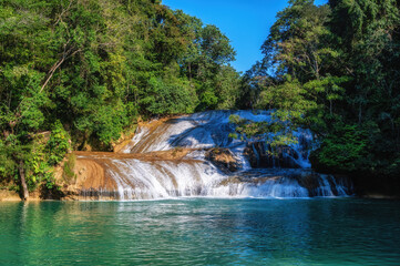 Landsape of Agua Azul with waterfalls in the Tropical forest of Palenque in Mexico.