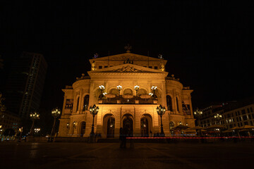 Frankfurt, Germany - September 20, 2020: Long-exposure of Opernplatz with the Alte Oper at night