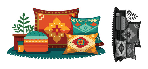 Colorful bohemian interior design with patterned pillows rug and plant for home decor or comfort