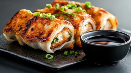 Pork-filled dumplings crisped perfectly, with a light soy sauce for dipping and a sprinkle of green onions.