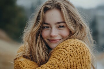 Self-care and self-esteem concept, Happy young beautiful woman hugging herself isolated on the background, reflecting self-love and acceptance., Generative AI