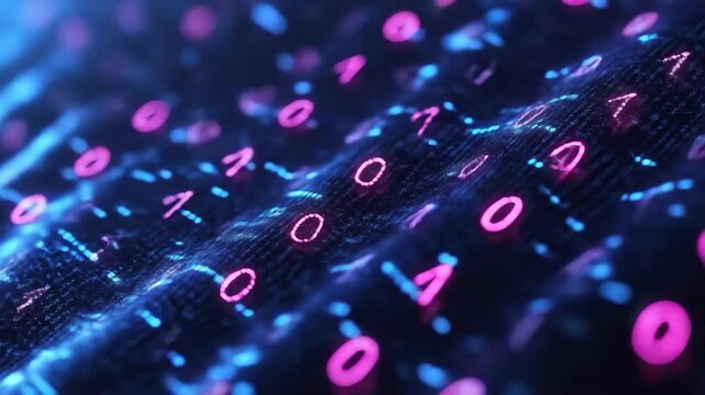 Binary code matrix blue lights & pink numbers