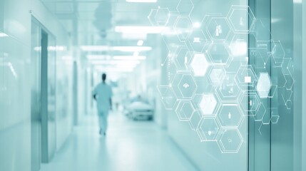 Medical corridor with overlay of interconnected symbols. Blurred figures and futuristic medical information overlay