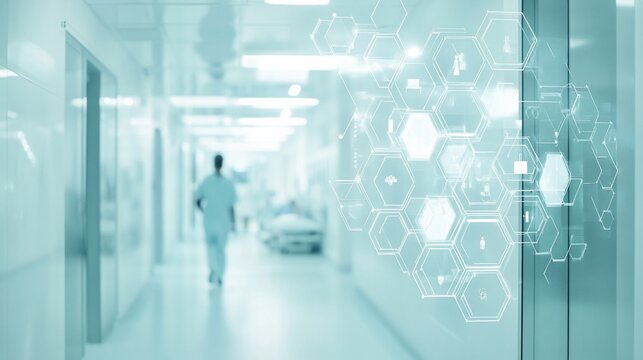 Medical corridor with overlay of interconnected symbols. Blurred figures and futuristic medical information overlay