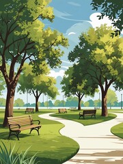 A Serene Park Scene Beckons With Benches Trees and Winding Paths
