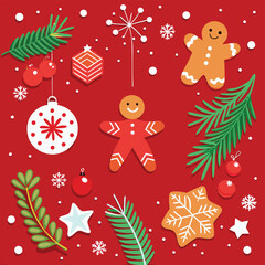 Red Christmas gingerbread background. Xmas design with winter cookies, fir branches, snowflakes and snow. Empty space for your text. Template for cards, banner, poster.
