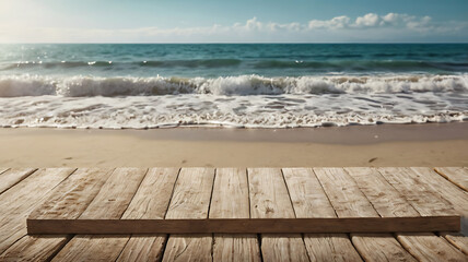 Fototapeta premium A high-resolution beach-themed product display scene with a clear, sunny sky and calm ocean waves in the background. In the foreground, place a vintage wooden surface—sun-bleached, textured 