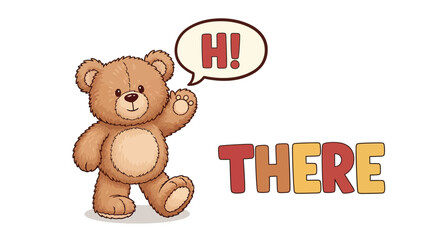 Brown Teddy Bear Waving Paw Greeting With Colorful Hi There Text on White Background
