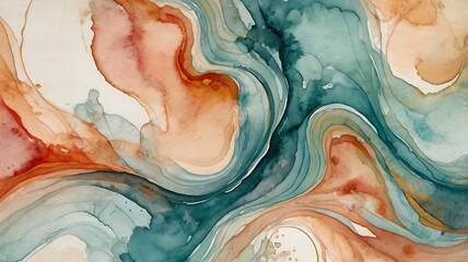 Obraz premium Abstract watercolor painting featuring layered flowing colors of orange teal and beige in a decorative artistic composition