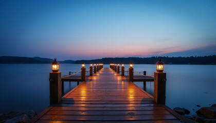 Fototapeta premium Wooden Pier with Lanterns at Sunset Illuminating Calm Lake for Travel Blogs, Scenic Websites, Nature Awareness, and Relaxation Content 