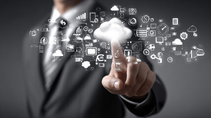 A dynamic visual of a businessman engaging with cloud computing and digital transformation tools. Generative AI