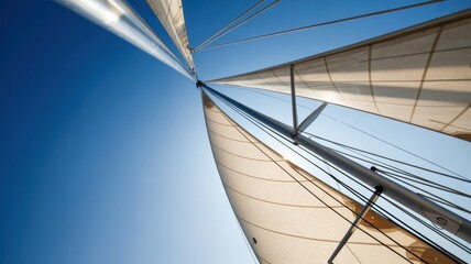 Fototapeta premium Sailing adventure under clear blue skies with tall ship mast and sails