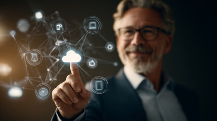 A dynamic visual of a businessman engaging with cloud computing and digital transformation tools. Generative AI