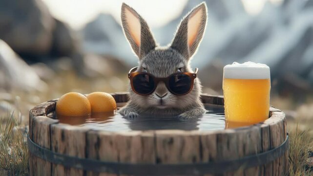 Cute rabbit in sunglasses relaxing in wooden tub with oranges and beer outdoors. Easter, Pascha, Paskha, Ostern, Pascua, Paques - Orthodox and Catholic Holiday celebration