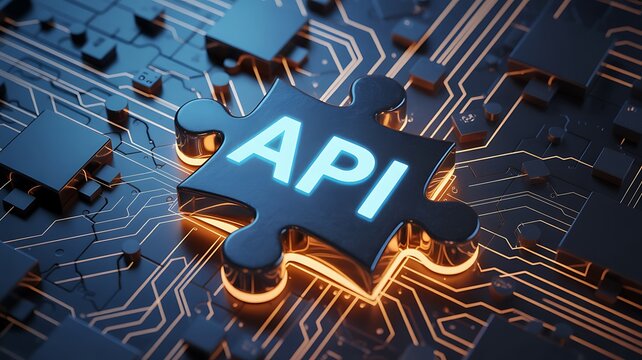 Blue glowing api puzzle piece on circuit board technology