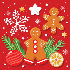 Red Christmas gingerbread background. Xmas design with winter cookies, fir branches, snowflakes and snow. Empty space for your text. Template for cards, banner, poster.
