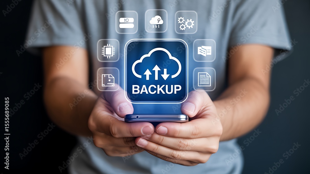 Poster hands holding smartphone displaying cloud backup icons image