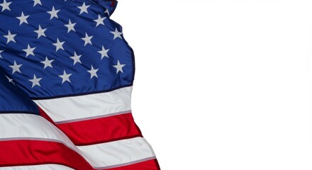 Corner of an American flag blowing gently in wind motion, captured close-up against an all-white background.