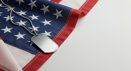 Silver military dog tag necklace placed on top of a flat, half-unfurled American flag on a clean white background. 