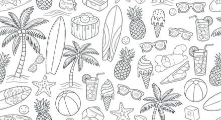 Black and White Summer Beach Pattern with Palm Tree Surfboard Ice Cream and Pineapple Illustrations
