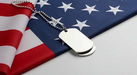 Silver military dog tag necklace placed on top of a flat, half-unfurled American flag on a clean white background. 