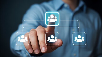 Person touching digital interface with team icons hand finger